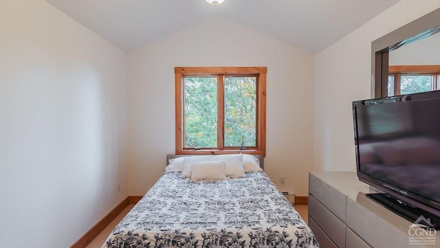 bedroom with hardwood / wood-style flooring, vaulted ceiling, and multiple windows