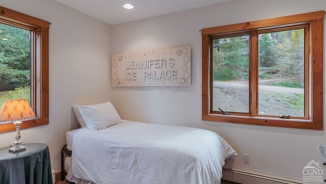 bedroom with baseboard heating and multiple windows