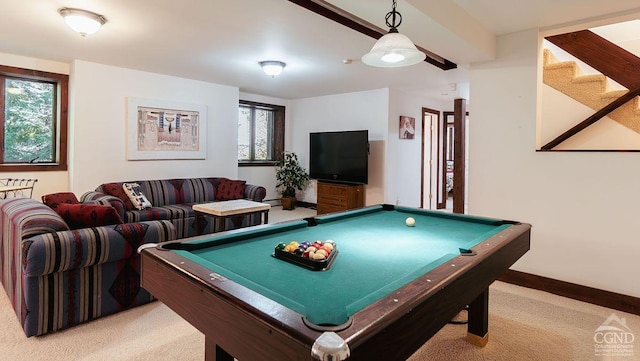 playroom featuring light carpet and pool table