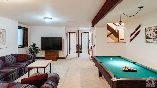 game room featuring beamed ceiling, light colored carpet, and pool table