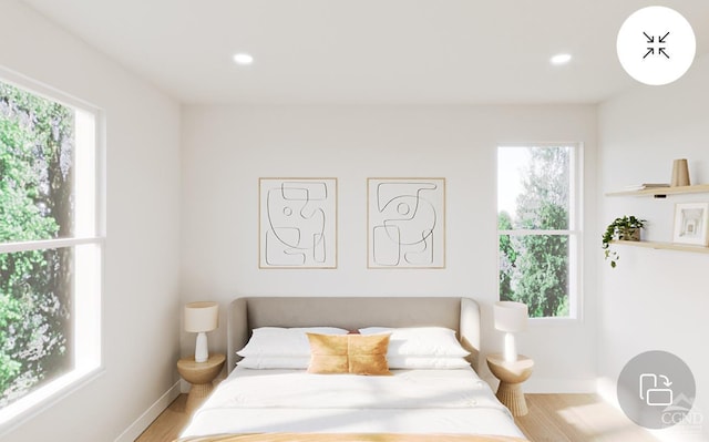 bedroom featuring recessed lighting, multiple windows, and wood finished floors