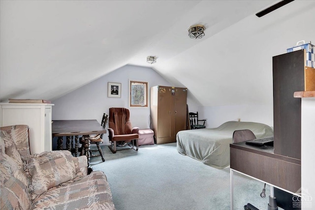 bedroom featuring carpet flooring and lofted ceiling