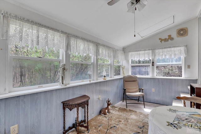 sunroom featuring wooden walls and vaulted ceiling