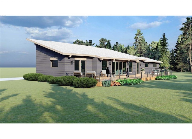 single story home featuring a front yard and a deck