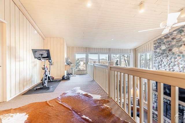 exercise room featuring carpet floors and ceiling fan