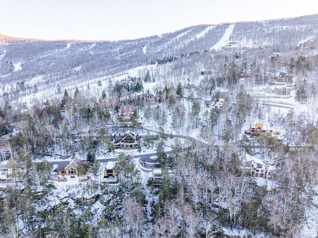 snowy aerial view with a mountain view