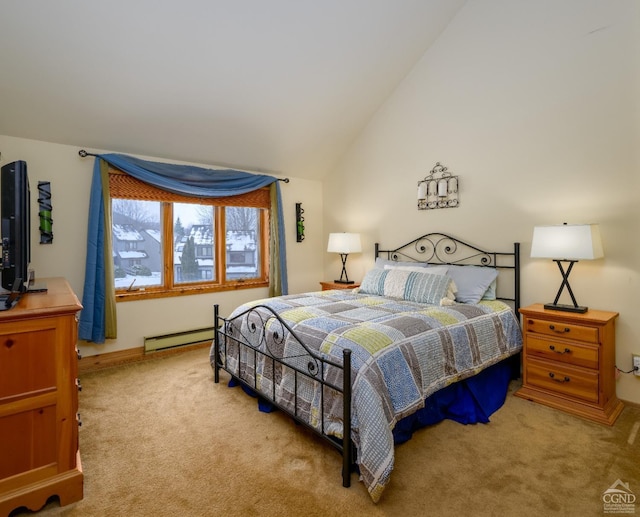 bedroom featuring light colored carpet, a baseboard radiator, and vaulted ceiling