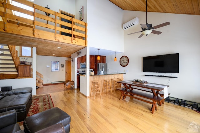 living room with light hardwood / wood-style flooring, ceiling fan, high vaulted ceiling, wooden ceiling, and an AC wall unit