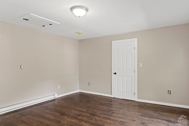 spare room with dark hardwood / wood-style flooring and baseboard heating