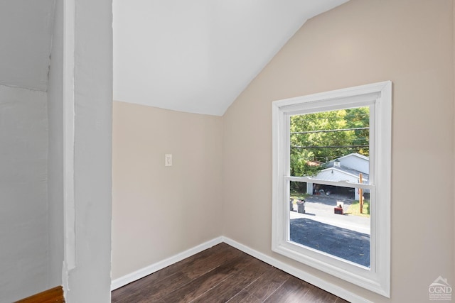 empty room featuring dark hardwood / wood-style flooring and lofted ceiling