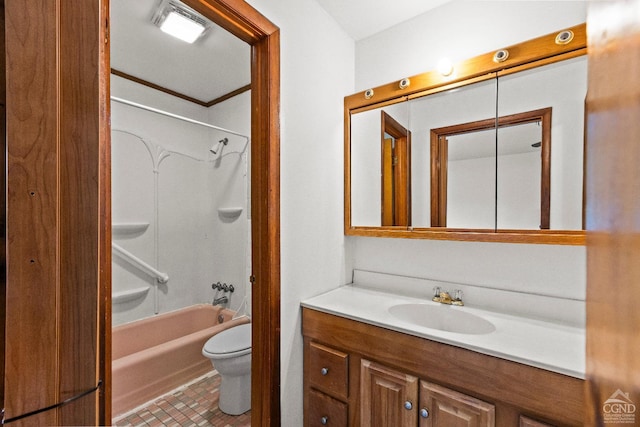 full bathroom featuring bathing tub / shower combination, tile patterned floors, vanity, and toilet