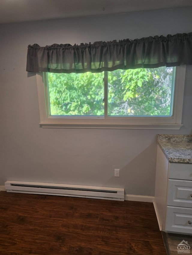 empty room with a baseboard heating unit, dark hardwood / wood-style flooring, and a healthy amount of sunlight