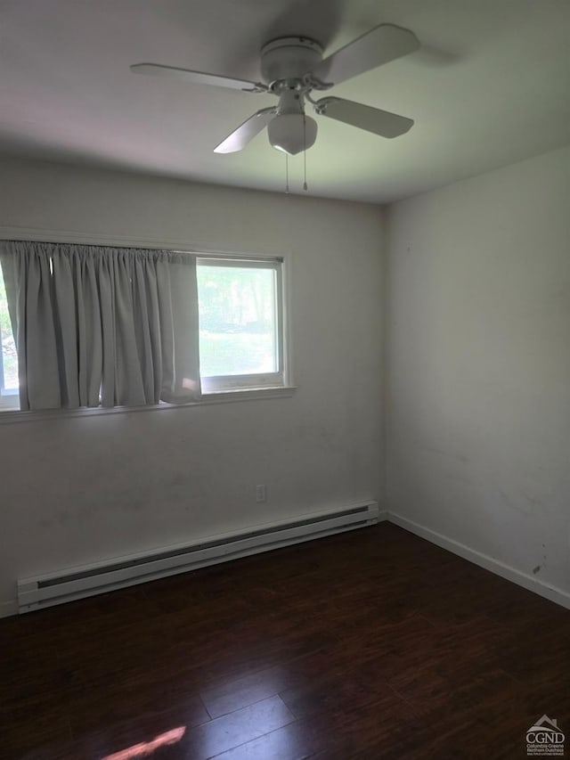 unfurnished room with dark hardwood / wood-style floors, ceiling fan, and a baseboard heating unit