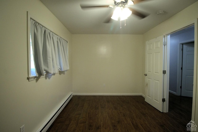 unfurnished room with ceiling fan, dark hardwood / wood-style flooring, and a baseboard radiator