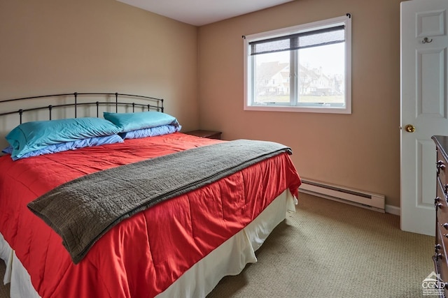 carpeted bedroom featuring a baseboard radiator
