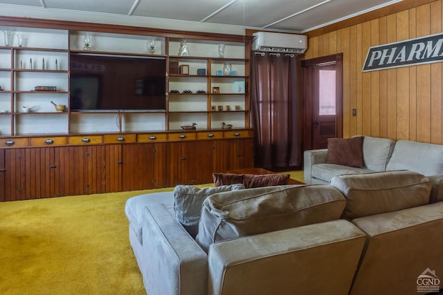 carpeted living room featuring an AC wall unit, crown molding, and wooden walls