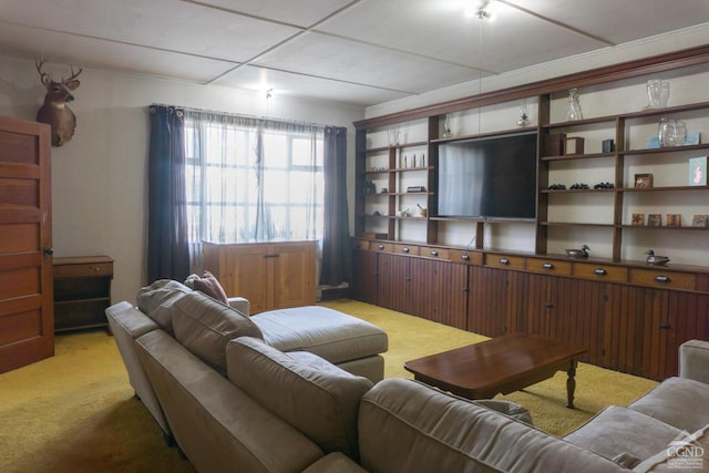 carpeted living room with crown molding