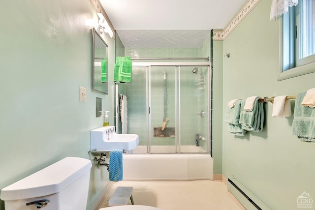 105 Gaf Lake Rd, Sanford, NY 13865 - bathroom featuring a baseboard radiator, toilet, and enclosed tub / shower combo