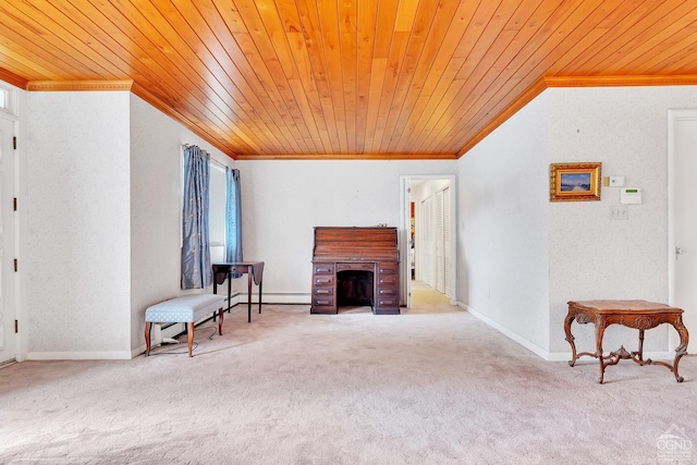 105 Gaf Lake Rd, Sanford, NY 13865 - living room featuring carpet, ornamental molding, and wooden ceiling