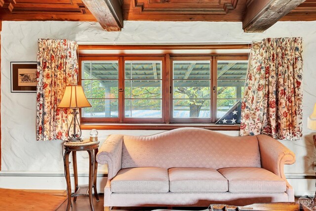 105 Gaf Lake Rd, Sanford, NY 13865 - living room featuring beamed ceiling and hardwood / wood-style flooring