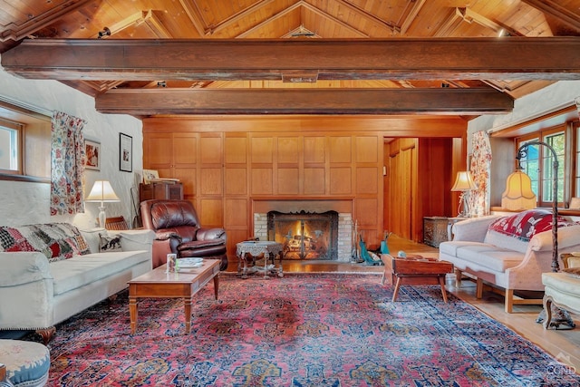 105 Gaf Lake Rd, Sanford, NY 13865 - living room with hardwood / wood-style flooring, lofted ceiling with beams, wood ceiling, and a fireplace