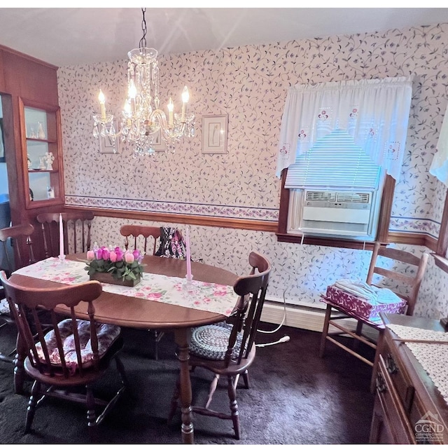 carpeted dining area with cooling unit and a chandelier