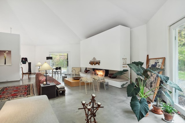 living room with concrete floors and high vaulted ceiling