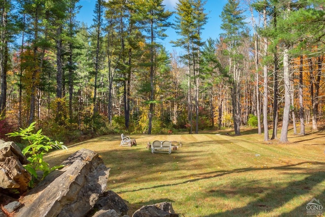 view of yard featuring a forest view