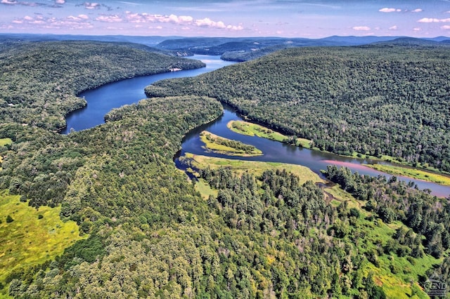 bird's eye view with a water and mountain view