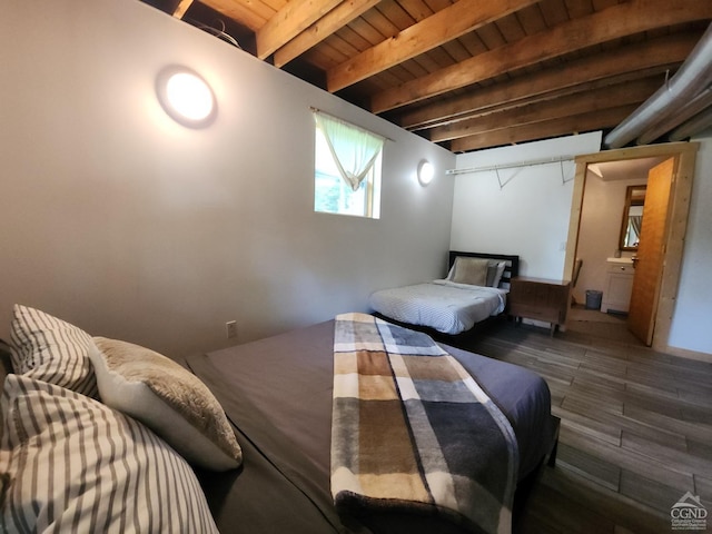 bedroom featuring wooden ceiling, beamed ceiling, and dark wood-type flooring