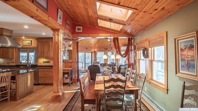 dining space featuring lofted ceiling with skylight, sink, light hardwood / wood-style flooring, wood ceiling, and decorative columns