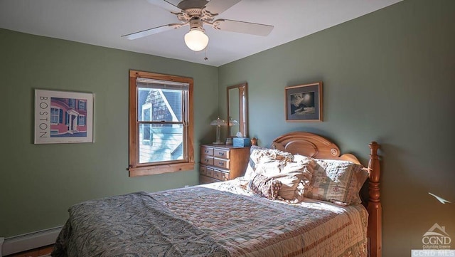 bedroom featuring ceiling fan and a baseboard radiator