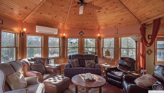 living room with high vaulted ceiling, ceiling fan, an AC wall unit, and wood ceiling