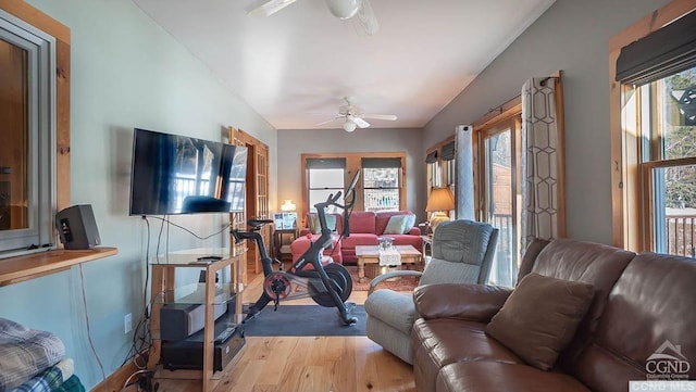 living room featuring light hardwood / wood-style floors, plenty of natural light, and ceiling fan