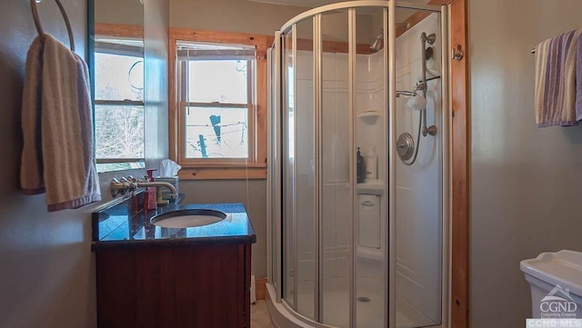 bathroom with vanity, toilet, and an enclosed shower