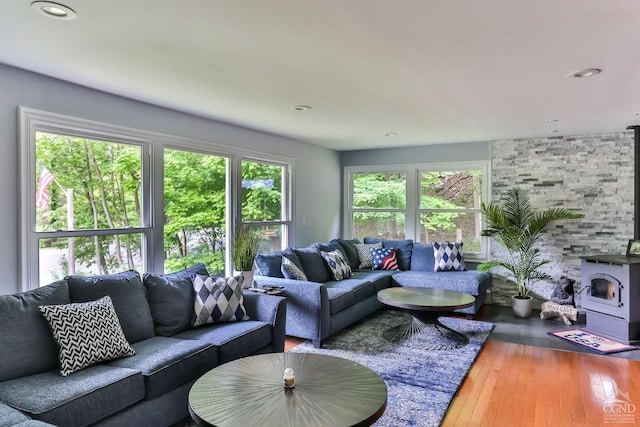 living room featuring wood-type flooring, a wood stove, and plenty of natural light