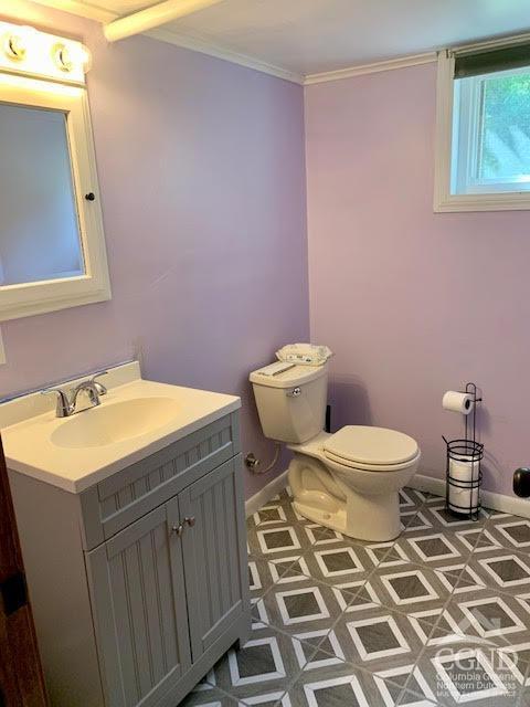 bathroom with vanity, toilet, and crown molding