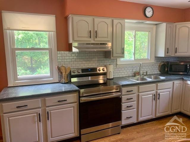 kitchen featuring appliances with stainless steel finishes, light wood-type flooring, backsplash, sink, and white cabinets