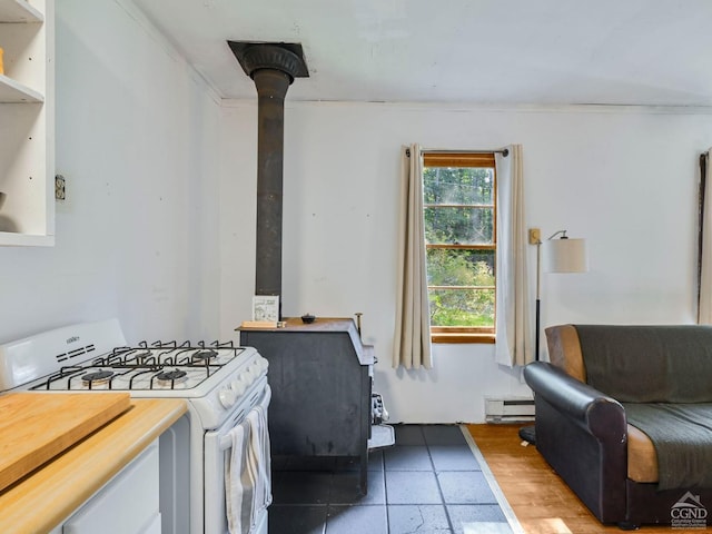 kitchen with a wood stove, gas range gas stove, and a baseboard radiator