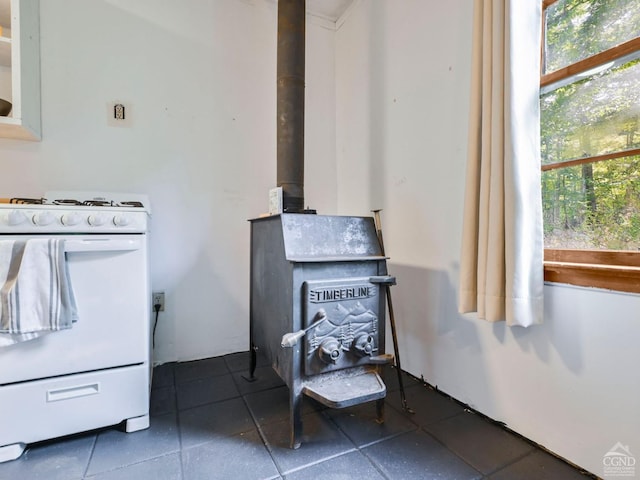 room details with white range and a wood stove