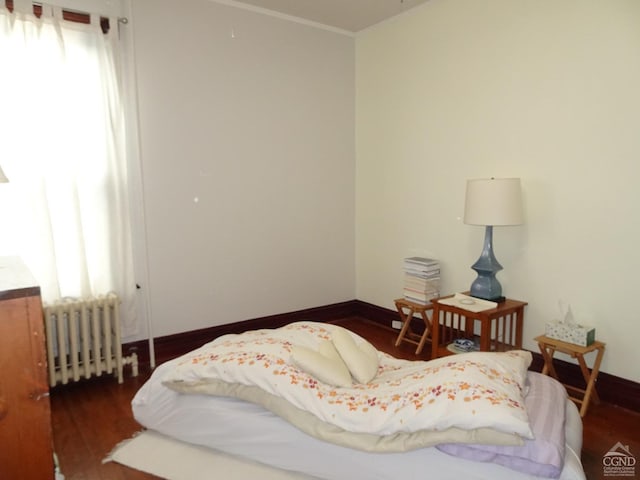 bedroom with radiator, wood finished floors, and baseboards