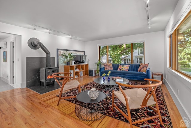 living room featuring a wood stove, wood-type flooring, and track lighting