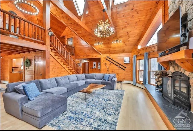 living room featuring wooden ceiling, high vaulted ceiling, wood walls, a chandelier, and hardwood / wood-style flooring