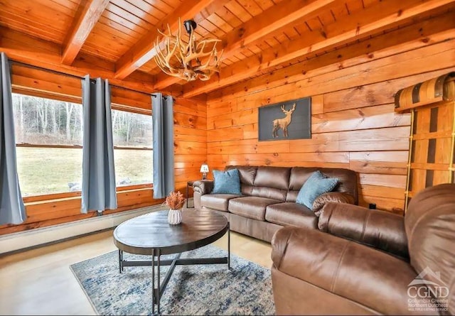 living room with concrete flooring, wooden walls, beamed ceiling, and wooden ceiling