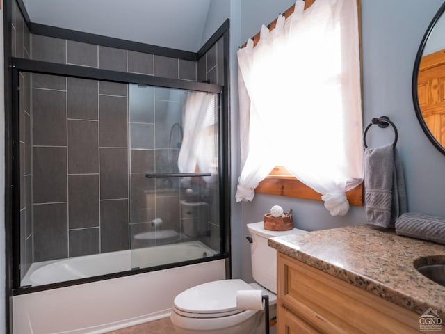 full bathroom with toilet, vanity, vaulted ceiling, and combined bath / shower with glass door