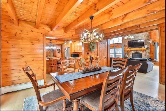 dining room featuring light hardwood / wood-style floors, baseboard heating, a fireplace, and wooden walls