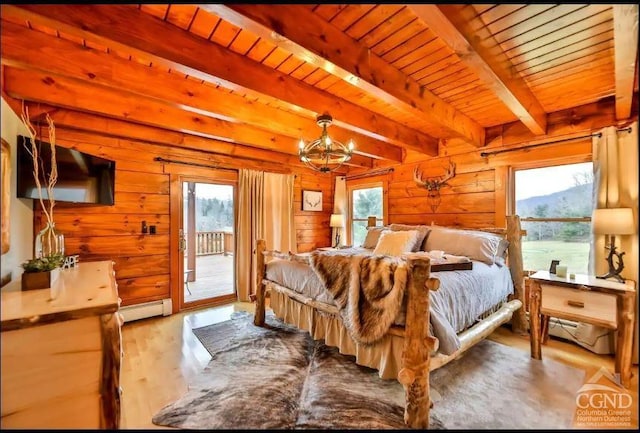 bedroom featuring access to outside, multiple windows, wood ceiling, and beam ceiling