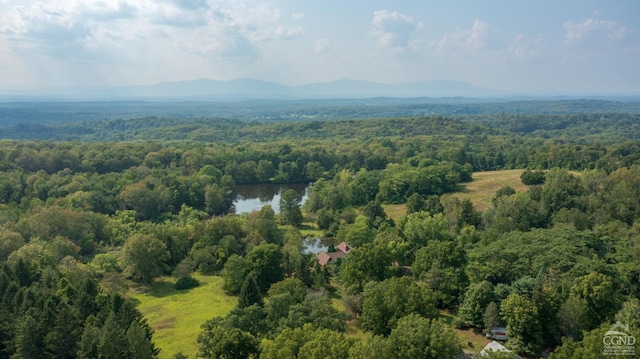 bird's eye view featuring a water and mountain view