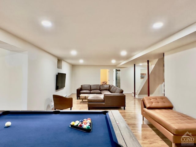 playroom with light wood-type flooring and billiards