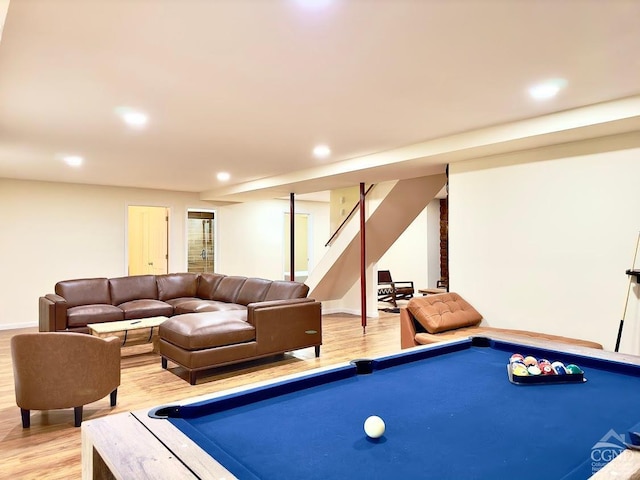 recreation room with wood-type flooring and billiards